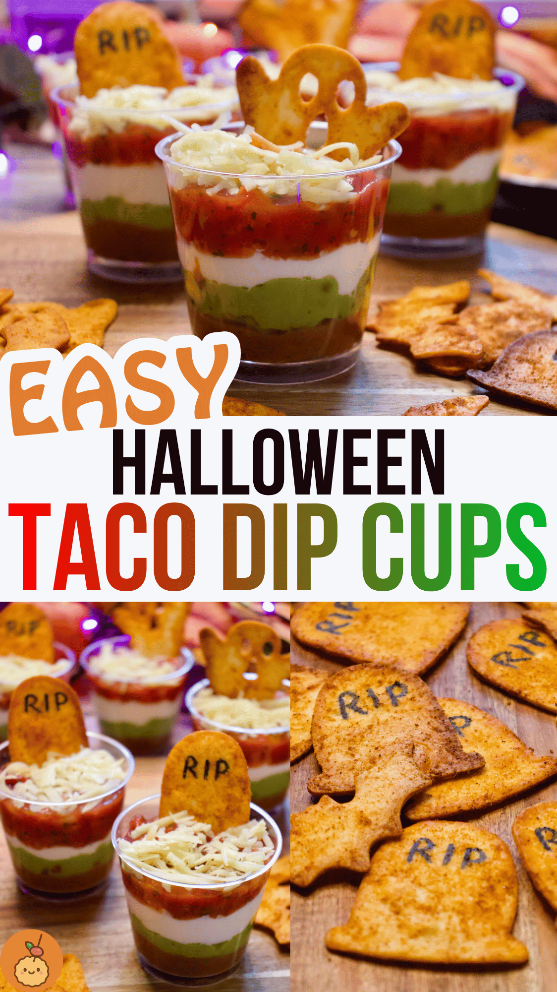 Halloween Taco Dip cups are a fun, individual way to serve everyone’s favourite layered dip. With colourful layers of beans, guacamole, sour cream, salsa and cheese, plus homemade Halloween chips shaped like gravestones and ghosts, they make brilliant Halloween party food. Add them to your list of fun Halloween appetizers and easy Halloween recipes appetizers for parties, movie nights or trick-or-treat gatherings.